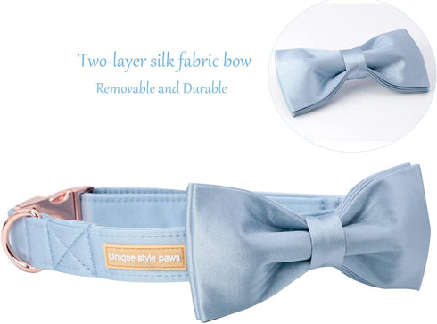 Unique Style Paws Dog Collar, Blue Silk Collar with Bow, Soft Bowtie Adjustable Pet Collar Gift for X-Large Female or