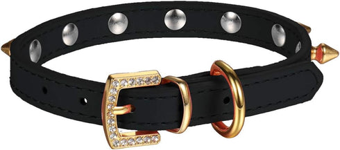LOVPE One Row Golden Spiked Studded Leather Dog Collar with Rhinestone Buckle for Small Dog/Cat Puppy Kitty (Black, S)