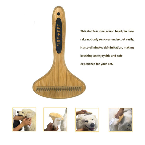 PROBUSINES Bamboo Pet Brush, Dog Dehairing Rake for Knot Detangling, Long-Haired Pet Breed Undercoat Rake for Shedding