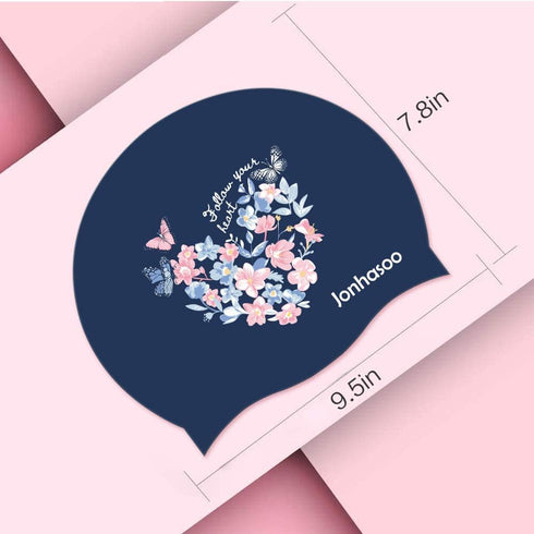Swim Cap for Women, Silicone Swimming Cap with Flower Printed Design for Long Hair