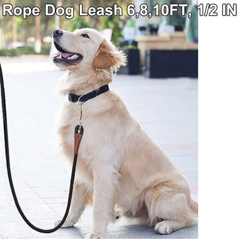 6 FT/8 FT/10 FT Rope Dog Leash, 1/2” Strong Nylon Climbing Leash for Medium and Large Dogs, Black