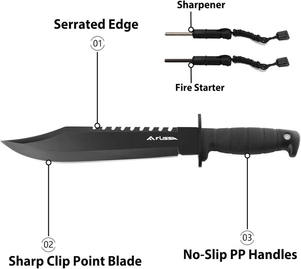 FLISSA 15-inch Tactical Bowie Knife with Sheath, Fixed Blade Survival Knife, Sharpener & Fire Starter for Camping