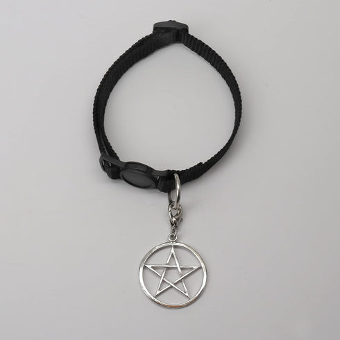 Black Cat Collar with Wiccan Pagan Pentacle, Silver Finish on Safety Breakaway Collar, Adjustable Neck Size