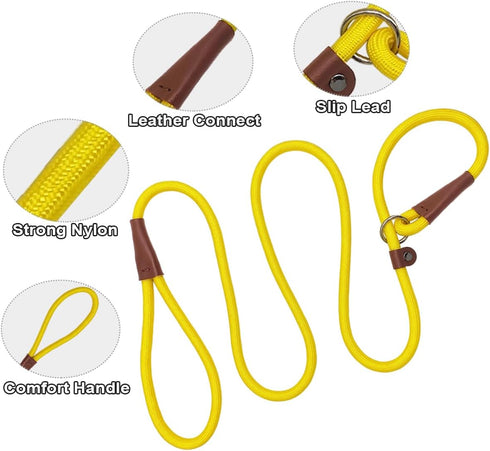 5 FT Slip Lead Dog Leash, Heavy Duty 1/2” Strong Nylon, Solid 7 Colors for Medium and Large Breeds - Yellow