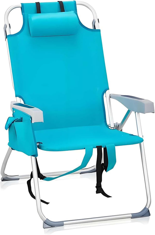 Generic Foldable Beach Chair, Portable Camping Chairs with Headrest, Cup Holder & Armrests,