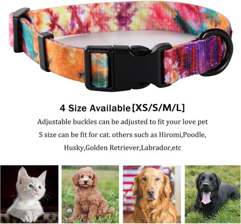 Dog Collar and Leash Set - Rainbow Stripes Tie Dye for XSmall, Small, Medium, and Large Dogs, S(9.9''-11.8'')
