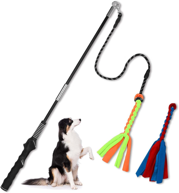 Flirt Pole for Dogs, Interactive Teaser Wand Play Pole with Fleece Rope Lure for Outdoor Exercise & Training