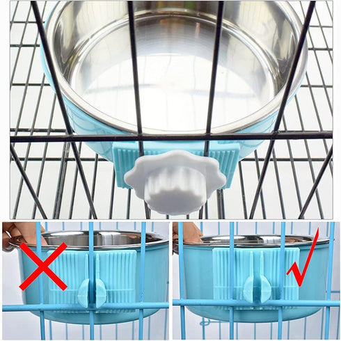 Love Dream Crate Dog Cat Bowls, Removable Stainless Steel Hanging Pet Cage Bowls for Cats, Dogs, Rabbits (Large, Blue)