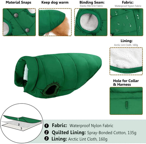 ASENKU Waterproof Windproof Dog Winter Coat, Warm Snowproof Puffer Vest for Small Medium Large Dogs, Green M