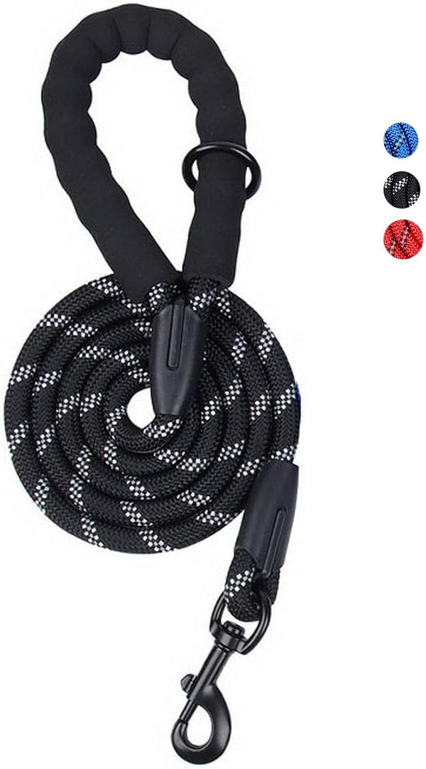 Round Rope Dog Leash 5 FT with Comfortable Padded Handle, Highly Reflective Threads for Medium & Large Dogs (Black, 5