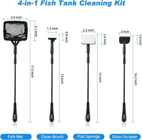 hygger Small Fish Tank Cleaner, Aquarium Cleaning Tools Kit with Handle, Seaweed Scraper, Sponge Brush