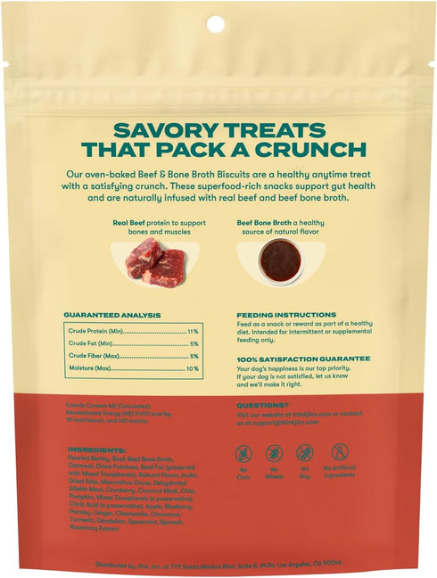 Jinx Bone Broth Biscuits Natural Crunchy Dry Dog Treats - Made with Oven-Baked Real Beef, Pumpkin, Blueberries & No Fillers - for Puppies, Adult, and Senior Dogs,16 oz. Bags, 4-Pack - Beef