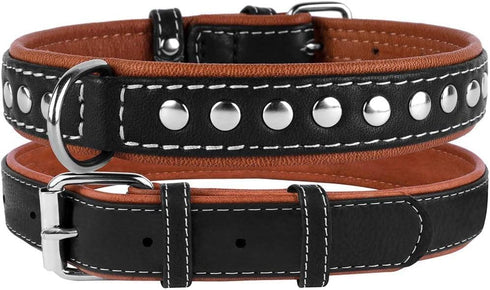 CollarDirect Studded Dog Collar - Leather Pet Collars for Dogs - Soft Padded - Brown Black (Black, Neck fit 23" - 26")