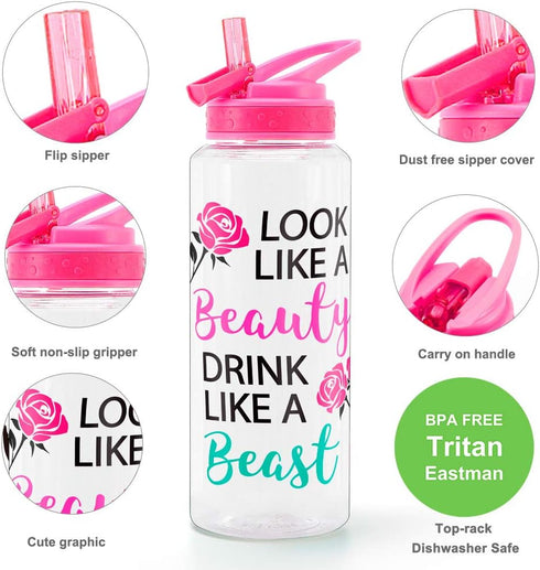 Home Tune 32oz Motivational Water Bottle with Straw & Time Marker, BPA Free, Dustproof, Leak Proof