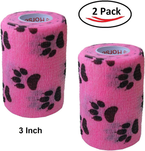 Vet Wrap Tape (Pink with Paw Prints) (2 Pack) (2 Inch x 15 feet) Self Adhesive Cohesive Bandage for Pets