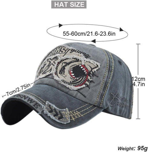 Vintage Denim Baseball Cap, Embroidered Shark 100% Cotton Trucker Hat, Retro Frayed Edge Outdoor Sunhat Unisex