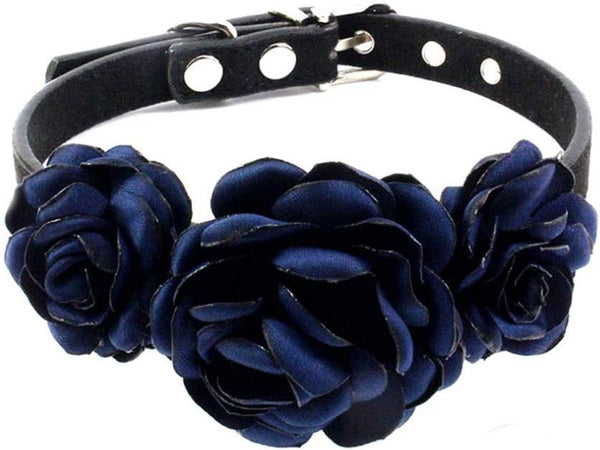Valentines Flower Dog Cat Collar - Suede Puppy Wedding Collar for Small Dogs - Adjustable Buckle (Dark Blue, Size M)