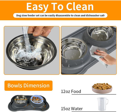 Dog Bowls Stainless Steel Slow Feeder Set with Silicone Mat, 100% Waterproof BPA Free No-Spill Pet Feeder Water Bowls