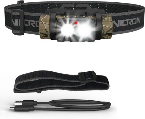 NICRON H35+ Rechargeable Headlamp, 1600 Lumens, 180° Rotating LED, 10 Modes, Waterproof, Camo for Camping