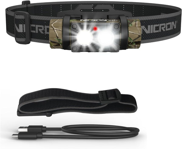 NICRON H35+ Rechargeable Headlamp, 1600 Lumens, 180° Rotating LED, 10 Modes, Waterproof, Camo for Camping