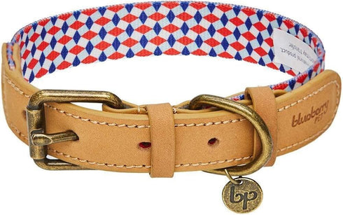 Blueberry Pet Multicolor Geometric Squares Dog Collar - Genuine Full Grain Leather & Polyester Combo, Large