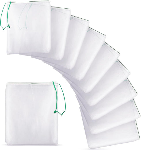 SunGrow Media Filter Bags, 10 White Mesh Nylon Pouch with Green String for Aquarium Media, 8 x 5.5 Inches
