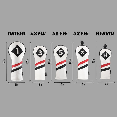 Majek Retro Golf Headcovers, White Red and Black Vintage Leather Style for 1, 3, 5, X H Driver Fairway Covers