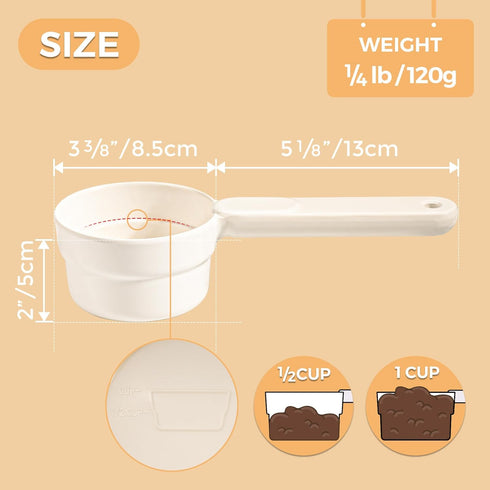 Melamine Pet Food Scoop, Comfortable Long Handle Measuring Cups for Dog, Cat, and Rabbit Food (White)