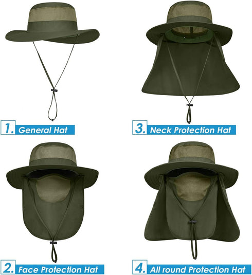 IYEBRAO Mens Outdoor Sun Hat, UV Protection Wide Brim Fishing Hat with Face Neck Flap for Hiking, Gardening