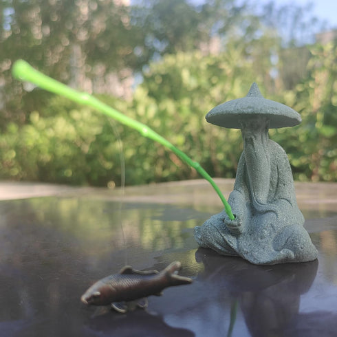 Mini Fisherman Figurine, Sandstone Asian Aquarium Decorations, Japanese Garden Ornaments
