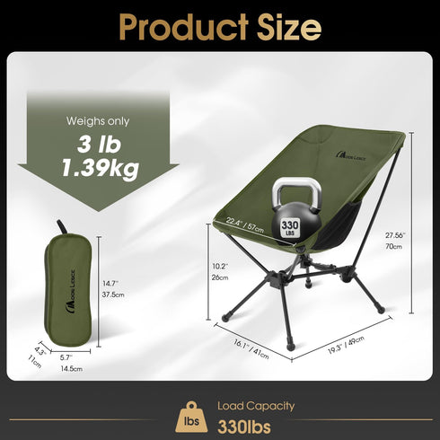 Backpacking 330 lbs MOON LENCE Portable Camping Chair, Lightweight Folding Hiking Chair, Plus Size Compact Yet, Support