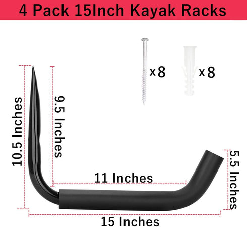 Kayak Steel Storage Rack, 4 Pack Canoe Wall Mount Hooks, 15 Inches Snowboard Hanger, 100 LB Capacity