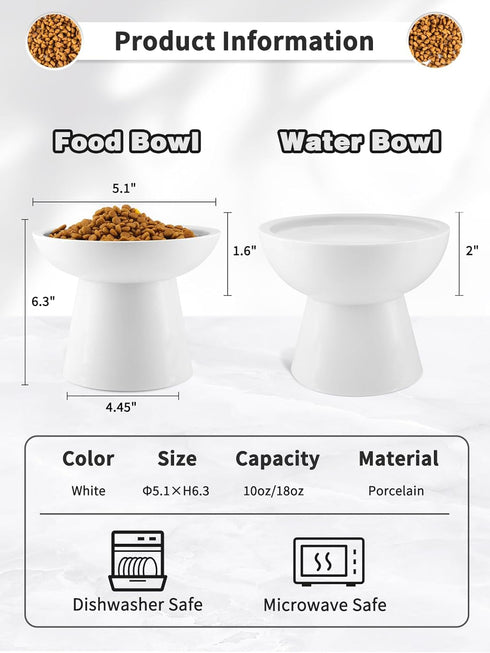 Elevated Cat Food and Water Bowls Set, Extra Wide and Raised Ceramic Cat Feeder, Anti-Vomit Whisker-Free Pressure Cat Feeding Bowl for Kittens Adult Cats Small Dogs (White, Water Bowl)