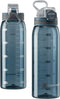 Time Marker Water Bottle, 30oz Large Durable Transparent Gym Bottle for Workout, Sport Travel Water Tracker, Blue