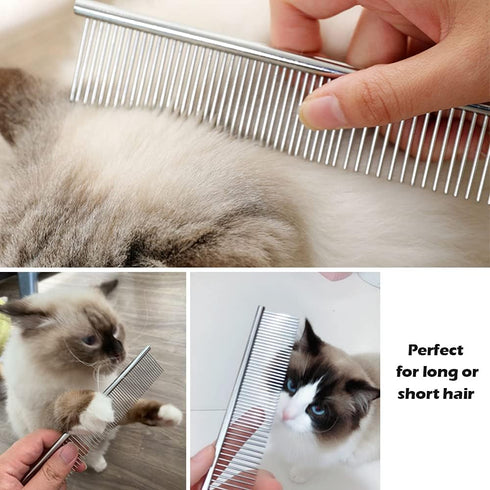 Dog Combs for Grooming, 2 Pack Metal Dog Comb with Rounded Teeth, Stainless Steel Cat Comb for Removing Tangles and Knots for Dogs and Cats