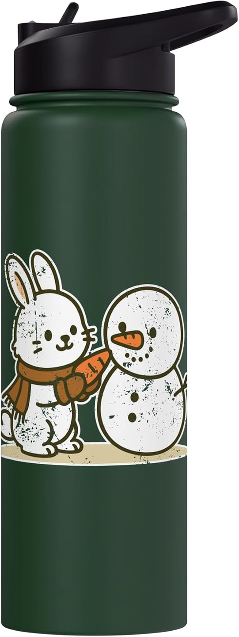 bunny snowman carrot winter cute wintertime Bunny Building Snowman With Carrot Stainless Steel Insulated Water Bottle