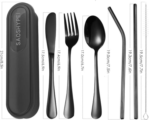 Portable Utensils Set with Case, 4pcs Stainless Steel Reusable Silverware for Lunch Camping School Picnic Workplace Travel, Lunch Box Includ Fork Spoon Knife,Easy to clean,Dishwasher Safe (grey) by SAOSHYPEI