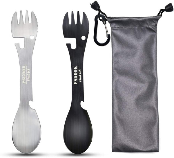 PSKOOK 5-in-1 Utility Tactical Spork, 2-Pack Stainless Steel Camping Utensil for Hiking, Backpacking