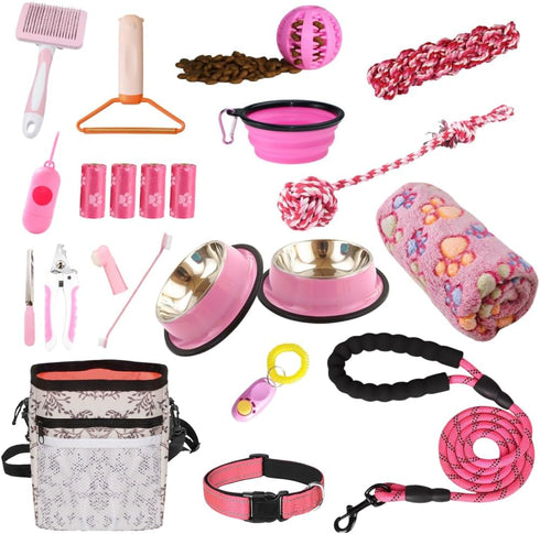 PupLuxe Puppy Starter Kit, Pink 22 Piece Puppy Kit, Great for Dog Training, New Puppy Gift, First Time Owners