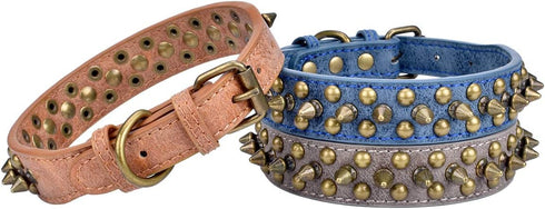 Mushrooms Spiked Rivet Studded Adjustable PU Leather Pet Collars - For Cats Puppy Dogs, A Blue