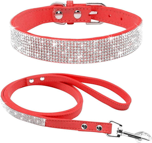 Cute Dazzling Sparkling Elegant Fancy Soft Suede Leather Bling Rhinestone Crystal Jeweled Pet Cat Dog Puppy Collar Set
