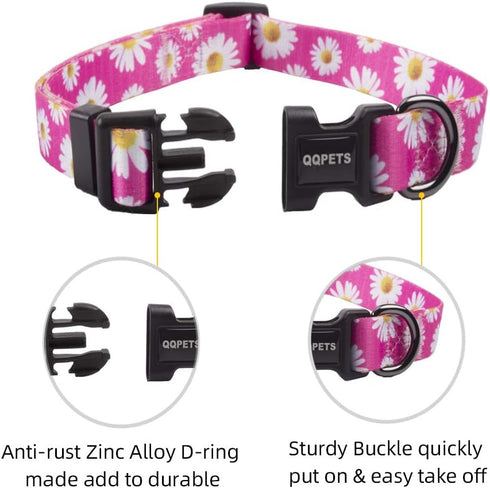 QQPETS Adjustable Soft Dog Collar - Print Flower Pink Multicolor Patterns for XS Small Medium Large Pets