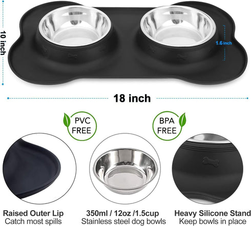 Pet Deluxe Dog Bowls Stainless Steel Dog Bowls with No Spill Skid Resistant Silicone Mat, 24oz 48oz Dog Food and Water Bowl Set Feeder Bowls for Small Medium Large Size Dogs Cats Pets Puppy Dog Dish