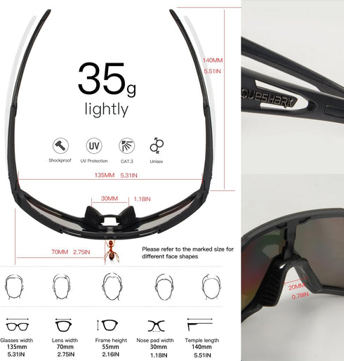Queshark Cycling Glasses - Sports Sunglasses for Men Women, 1 Polarized 2 HD Lens