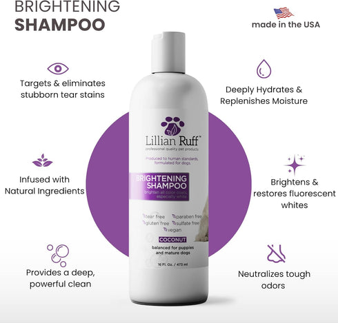 B5 16oz+Brush Lillian Ruff PRO Formula Ultra Brightening Dog Shampoo - Professional Whitening & Long-Lasting Odor