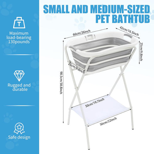 GDIFLS 38.8 Inch Foldable Pet Bathtub with Stand - Height Elevated Bathing Tub for Cats & Small Dogs, Drainage Tube