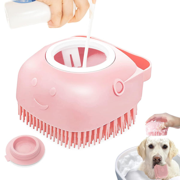 Dog Cat Bath Brush with Soap Dispenser, Soft Silicone Rubber Bristle for Short Haired Dogs and Cats Shower