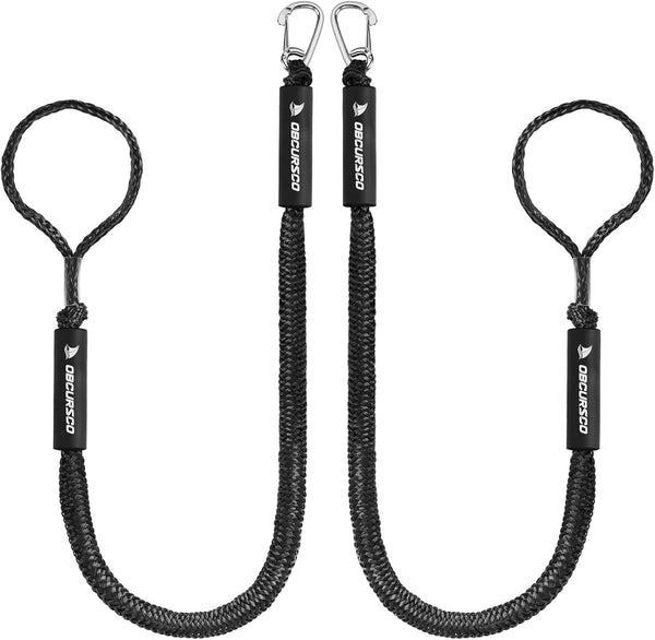 Obcursco 4FT Bungee Dock Lines, Boat Dock Rope, Jet Ski Accessories with 316 Stainless Steel Clip (2 Pack, Black)