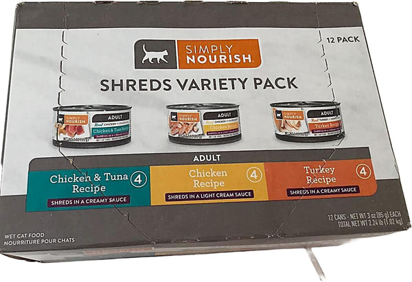 SIMPLY NOURISH Cat Canned Food. 1-12 Pack of Shreds Variety Pack. 4-Chicken & Tuna,4-Chicken
