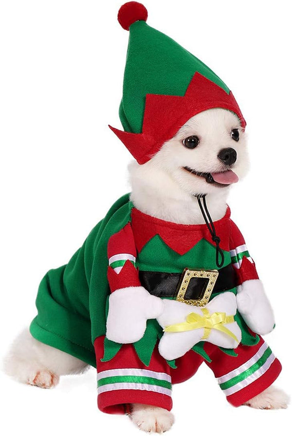 Dog Cat Christmas Elf Costume with Hat, Pet Christmas Winter Fleece Coat, Puppy Xmas Outfit Apparel